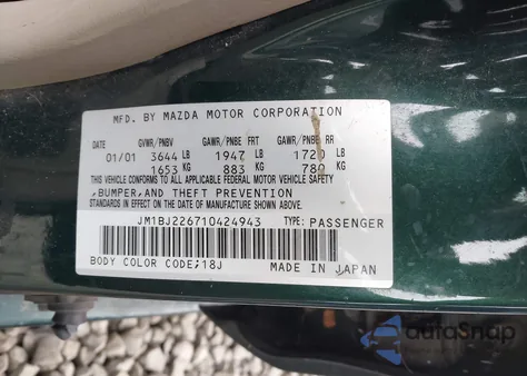 2001 Mazda Protege Es/Lx z USA, uszkodzony, nr VIN JM1BJ226710424943